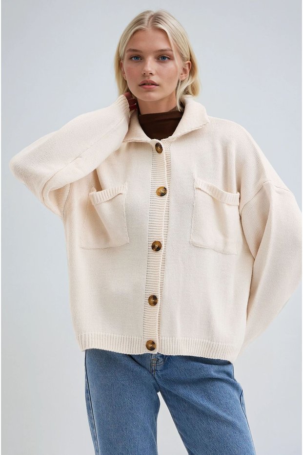 Stone Shirt Collar Casual Knitwear Cardigan 5196