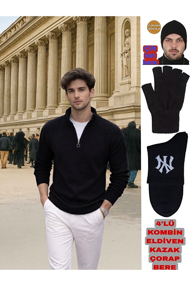 Zipper Collar Knit Sweater Ny Socks Beanie Cut-Out Gloves Combination