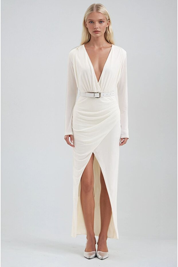 Ecru Deep V-Neck and Slit Belt Dress 2930 R2-C-2