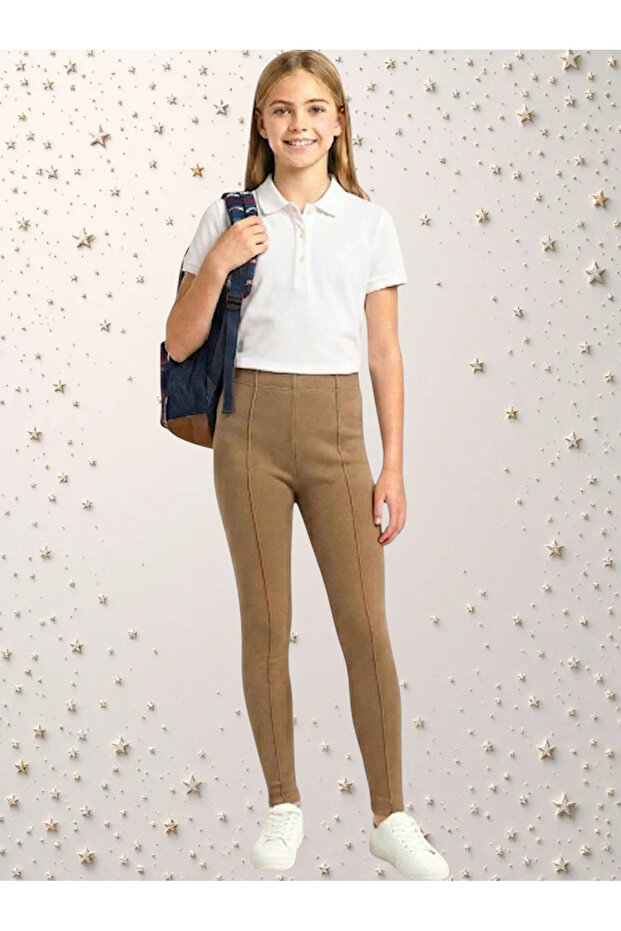 Girl Child Dark Beige Ribbed Stitching Double Knit Lycra Steel Interlock Pants Tights for School