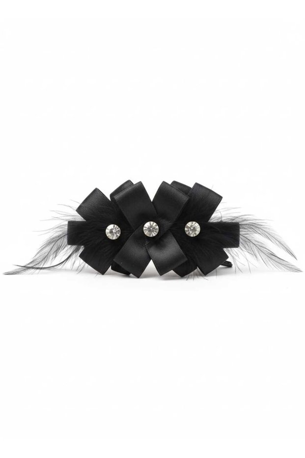 Vintage Black Satin Feather Clip-On Hairpin, Luxury Bun Hair Clip with Stone Detail