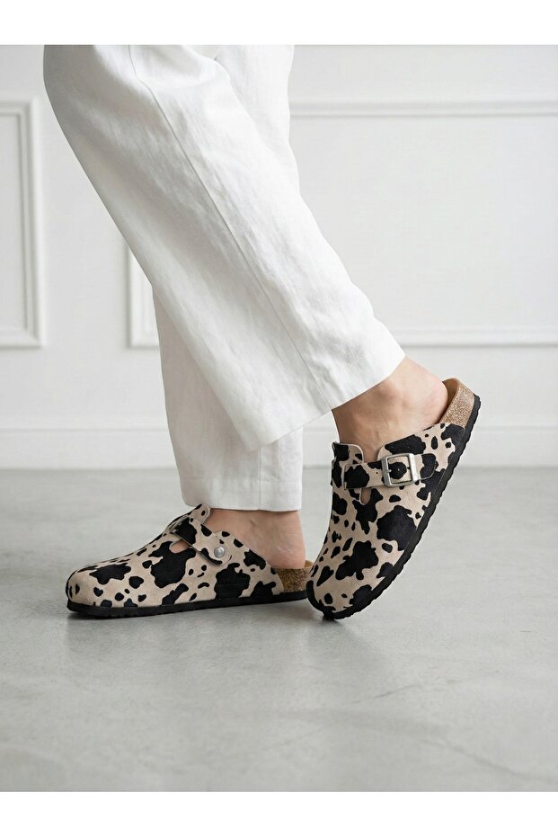 Women's Genuine Leather Boston Model Cow Patterned Anatomical Cork Sole Sabo Slippers