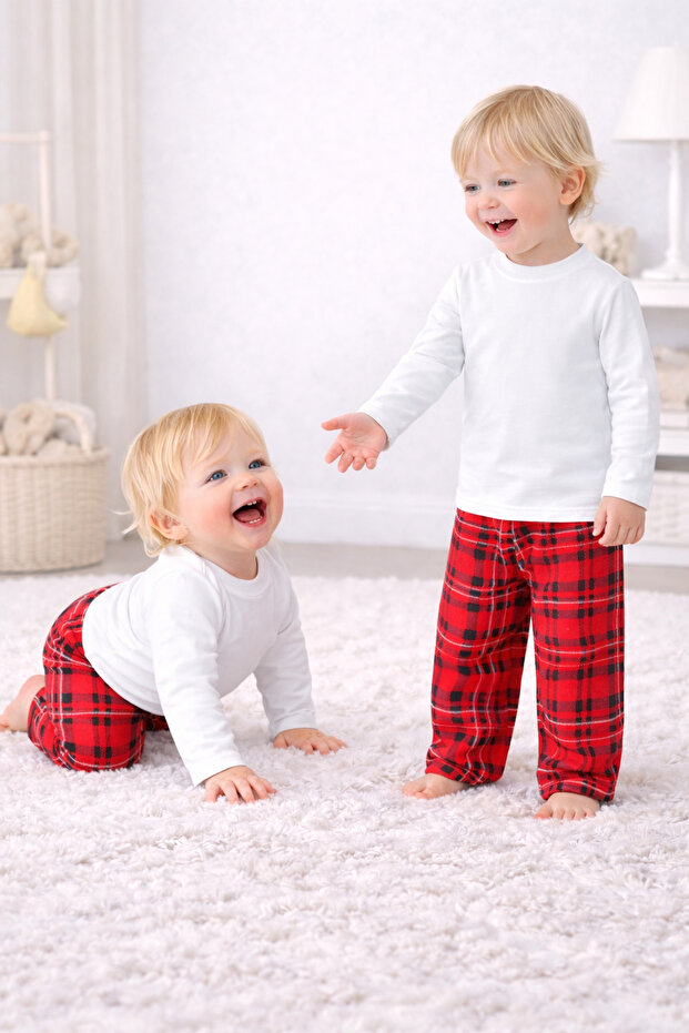 Children's Baby Pajama Set Long Sleeve Plaid Red