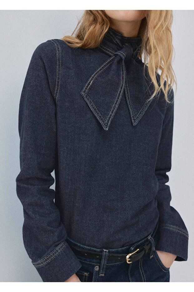 Bağcıklı denim gömlek - 7