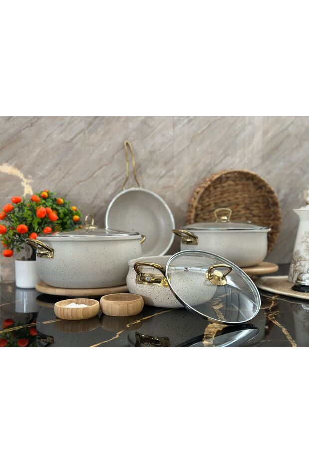 7 Piece Gold Iron Handle White Granite Pot Set (Gift Product)
