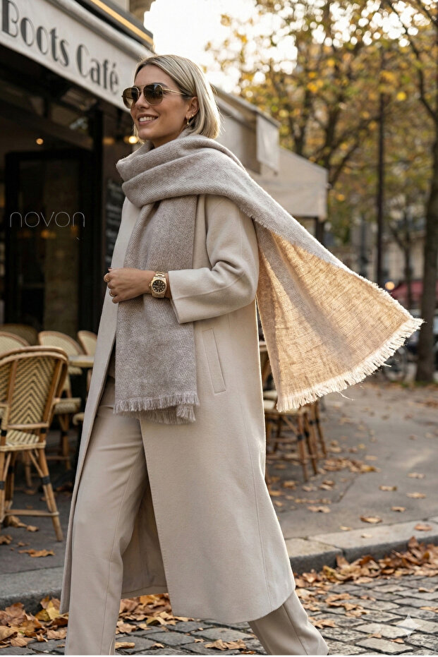 Viral Soft Touch Tassel Detailed Wool Textured Sandstone Color Winter Shawl / Long Scarf