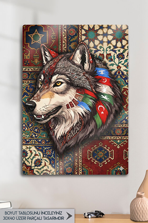 لوحة فنية معدنية - طباعة بتصميم الذئب الأبيض التركي، بتصميم العلم التركي، بوريه، لوحة فنية بتصميم الذئب التوراني