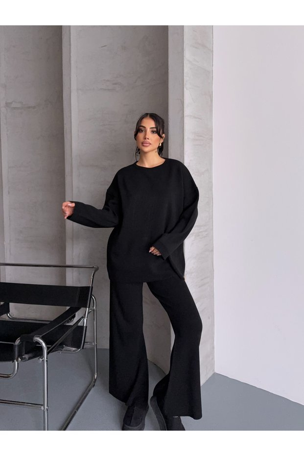 Crew Neck Sweater Pants Bottom-Top Knitwear Set