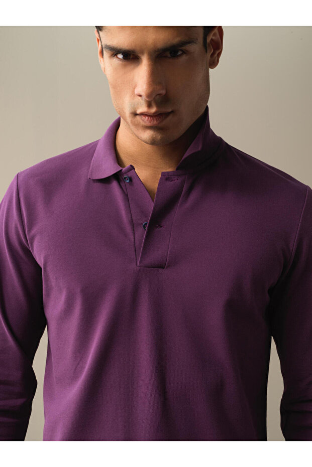 Erkek Mor Polo Yaka Fit Basic Tişört - 1