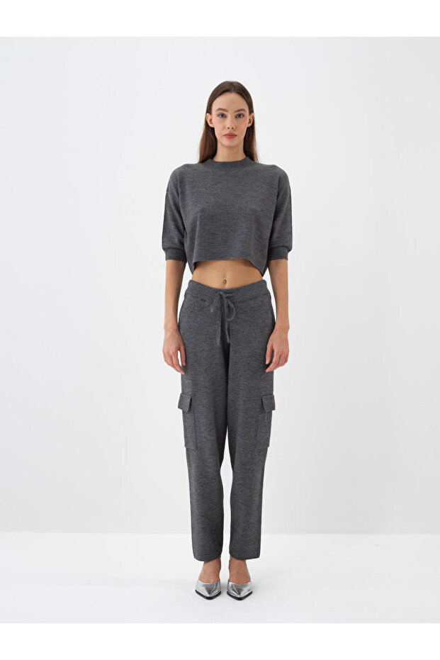 Kadın Antrasıt Yünlü Basic Düz Kazak - 4