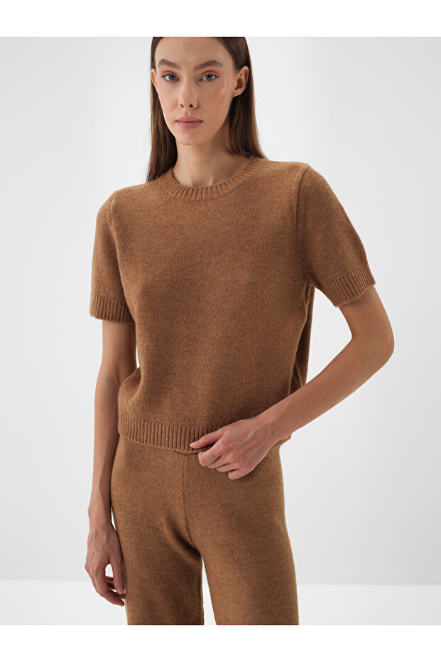 Kadın Camel Mohair Kısa Kol Basic Kazak - 1