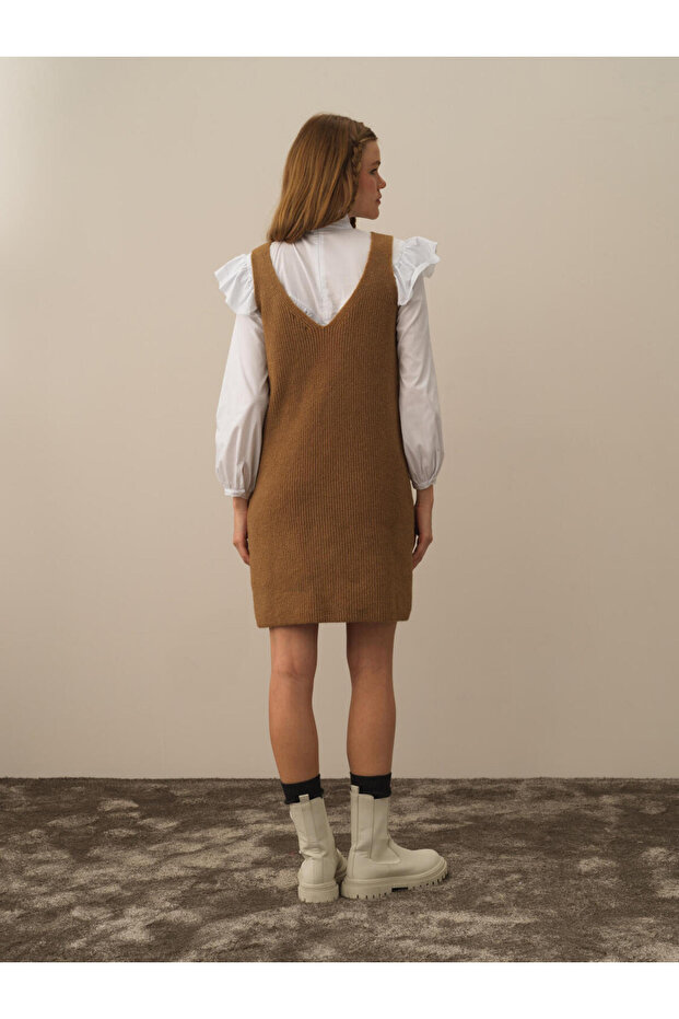 Kadın Camel Oversize Triko Elbise - 3