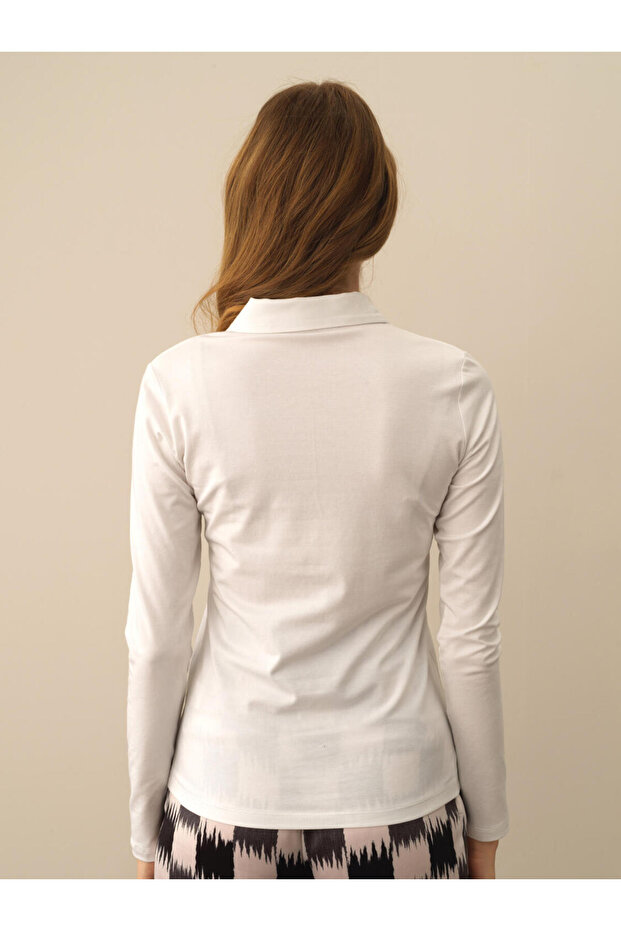 Kadın Beyaz Polo Yaka Modal Basic Tişört - 2