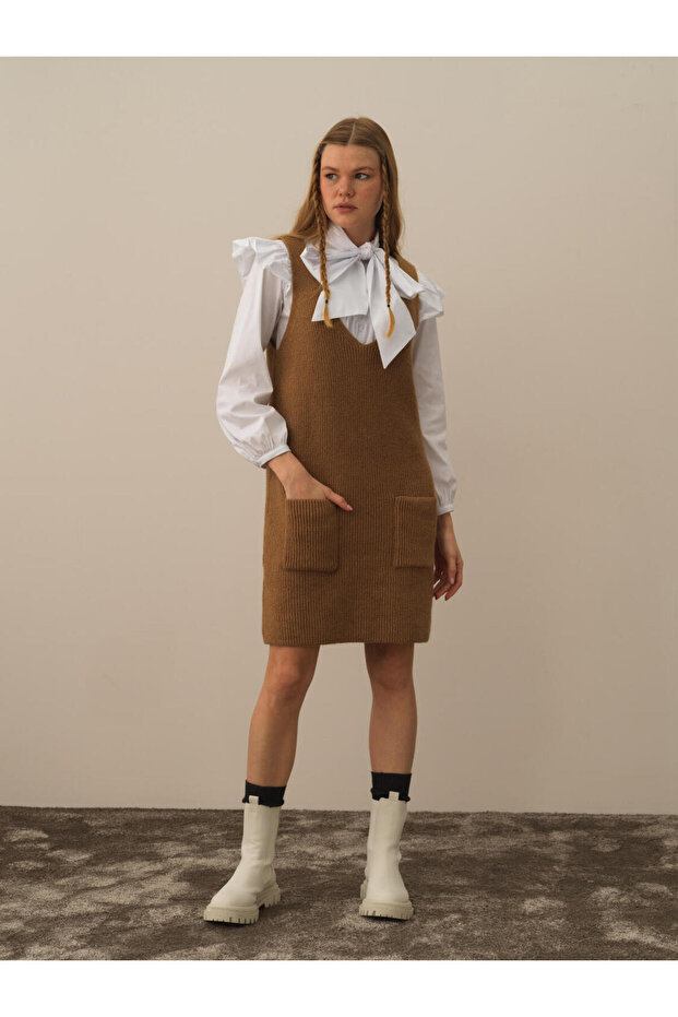 Kadın Camel Oversize Triko Elbise - 1