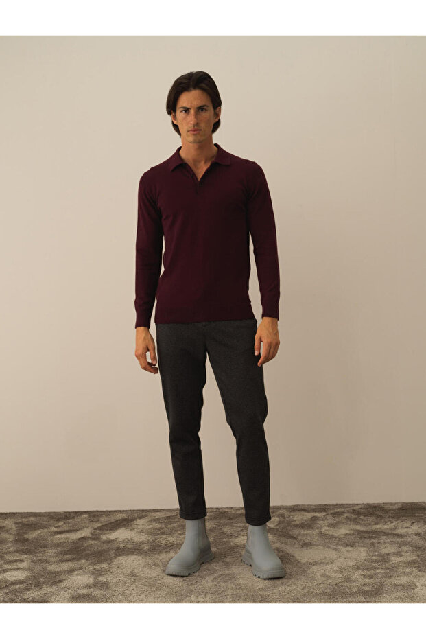 Erkek Bordo Polo Yaka Regular Fit Basic Kazak - 5