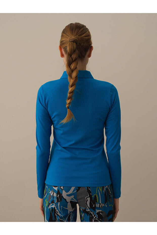 Kadın Mavi Polo Yaka Modal Basic Tişört - 2