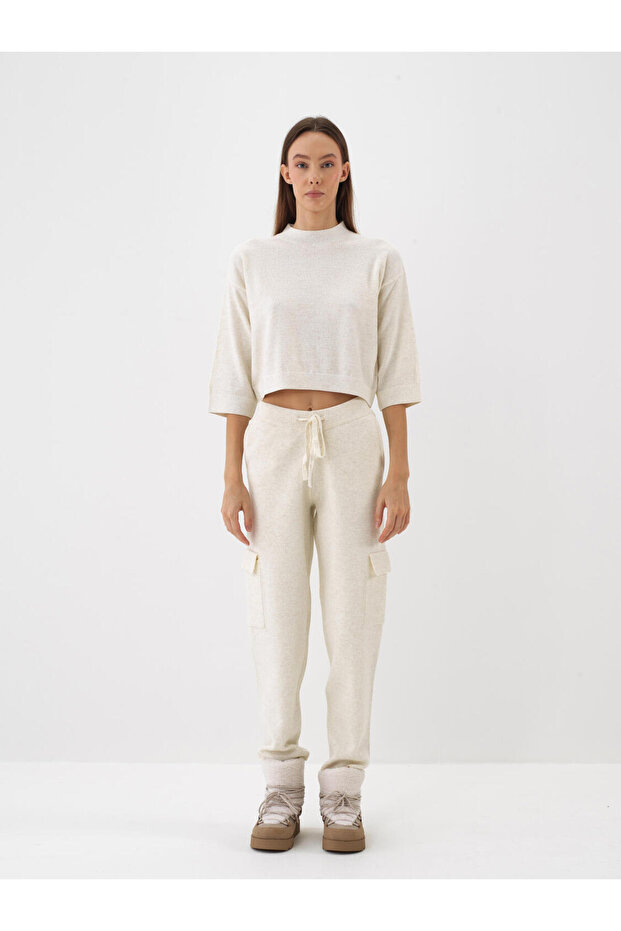 Kadın Ekru Yünlü Basic Düz Kazak - 4