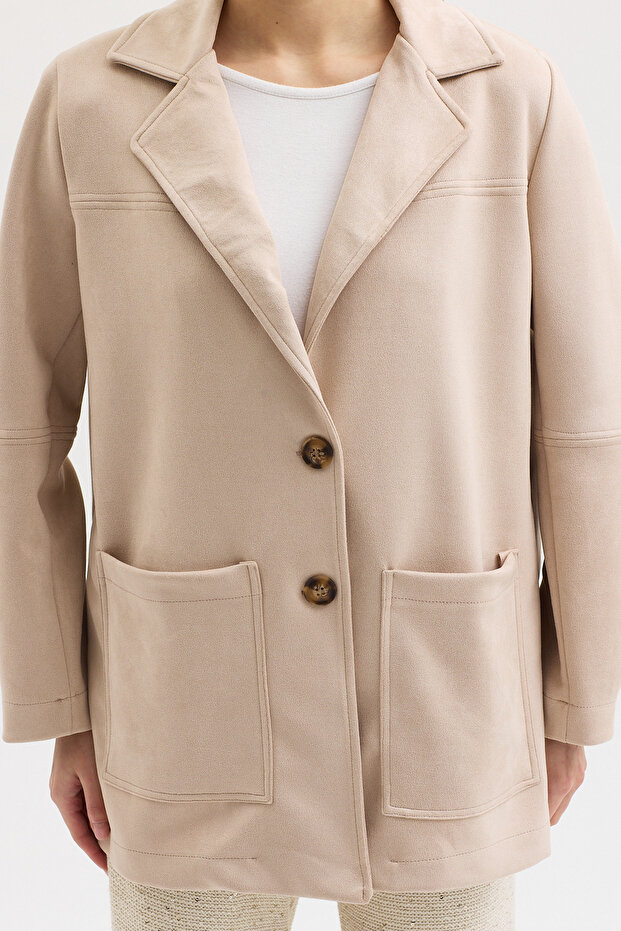Bej Düğmeli Basic Süet Blazer Ceket 6174 - 6