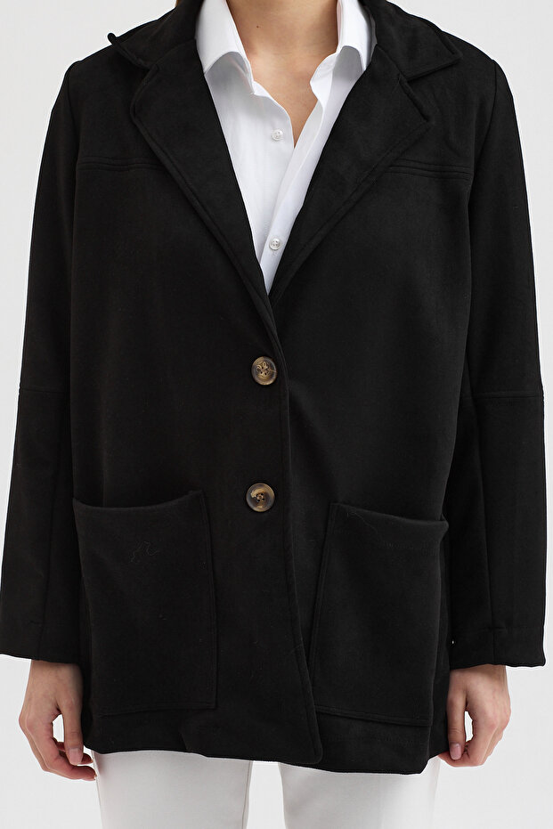 Siyah Düğmeli Basic Süet Blazer Ceket 6174 - 6