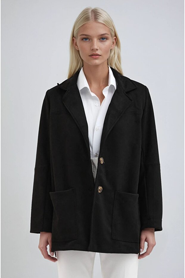 Siyah Düğmeli Basic Süet Blazer Ceket 6174 - 1