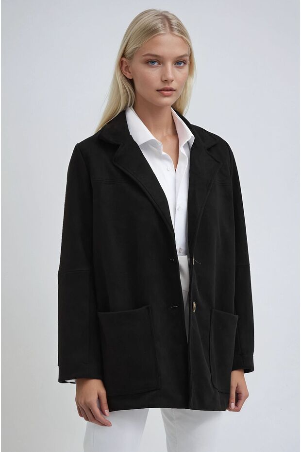 Siyah Düğmeli Basic Süet Blazer Ceket 6174 - 3