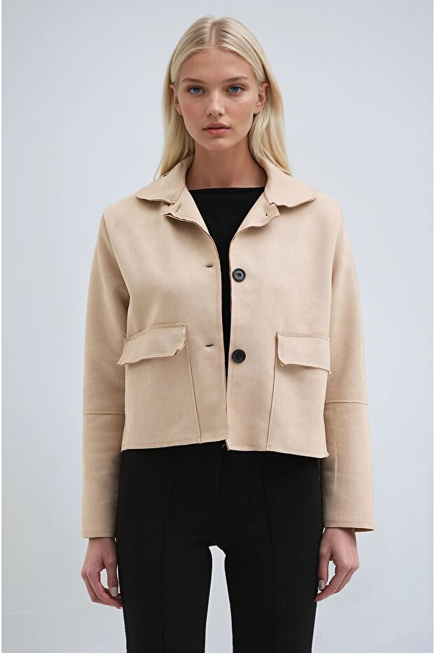 سترة قصيرة أساسية من الجلد المدبوغ بأزرار بيج 6176 - 1