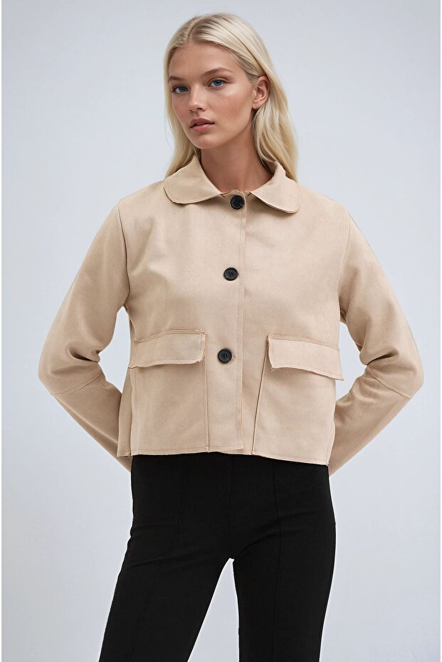 سترة قصيرة أساسية من الجلد المدبوغ بأزرار بيج 6176 - 4