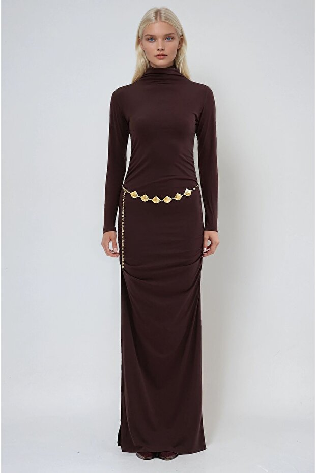 Brown Gold Belted and Drape Detailed Long Dress 2953