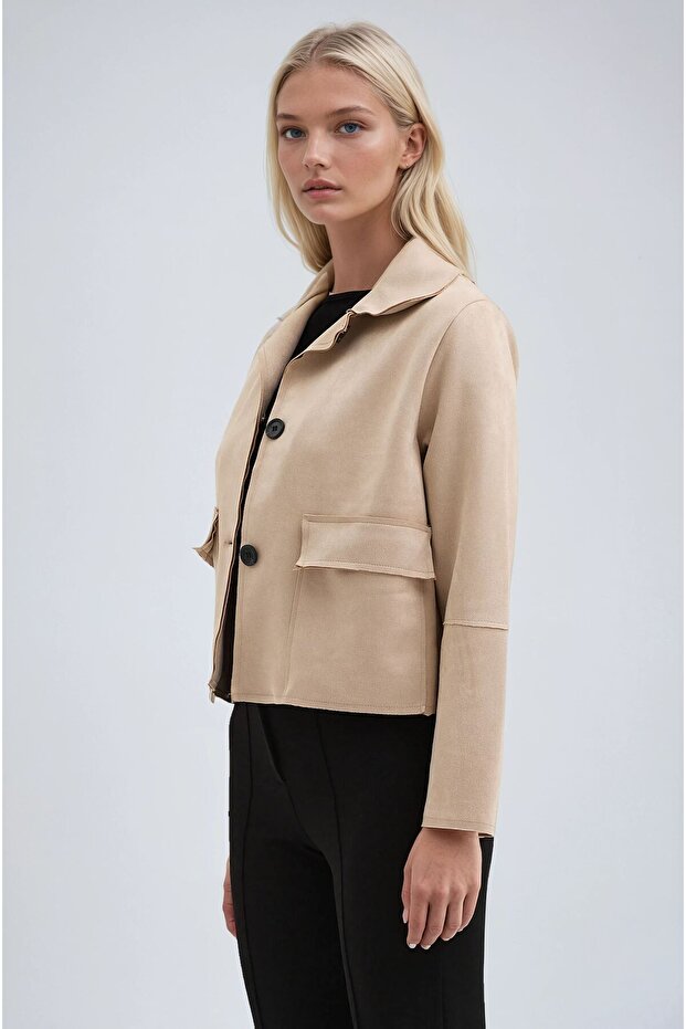 سترة قصيرة أساسية من الجلد المدبوغ بأزرار بيج 6176 - 2