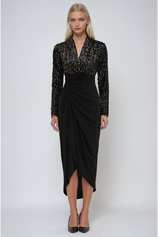 Black Double-Breasted Collar Sequin Detailed Midi Dress 2950 R2-I-K3