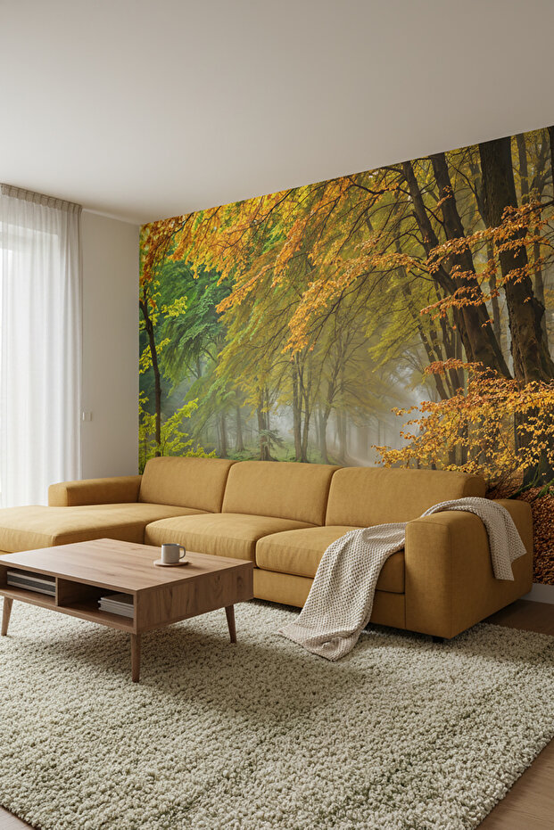 Sisli Ormanda Sonbahar Manzaralı Tekstil Duvar Kağıdı - 3