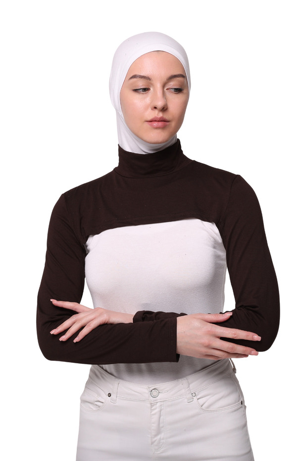 ياقة على شكل رقبة السمكة مع أكمام - بني
