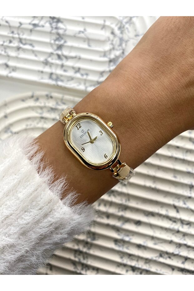Vintage Oval Gold Inside White Women Wrist Watch