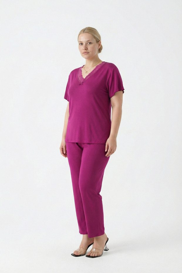 Bamboo Fabric Lace Collar Detail Pajamas Suit M-5Xl