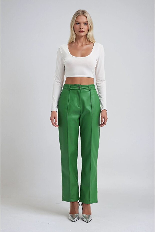 Green Ribbed Stitched Leather Trousers 0096 R7-A-K4