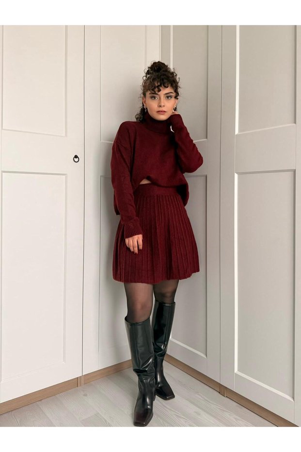 Knitwear Sweater Skirt Set - Burgundy