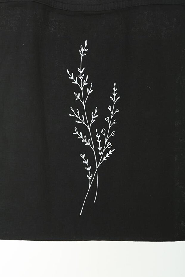 Tek Dal Çiçek Baskılı Siyah Bez Çanta - 2