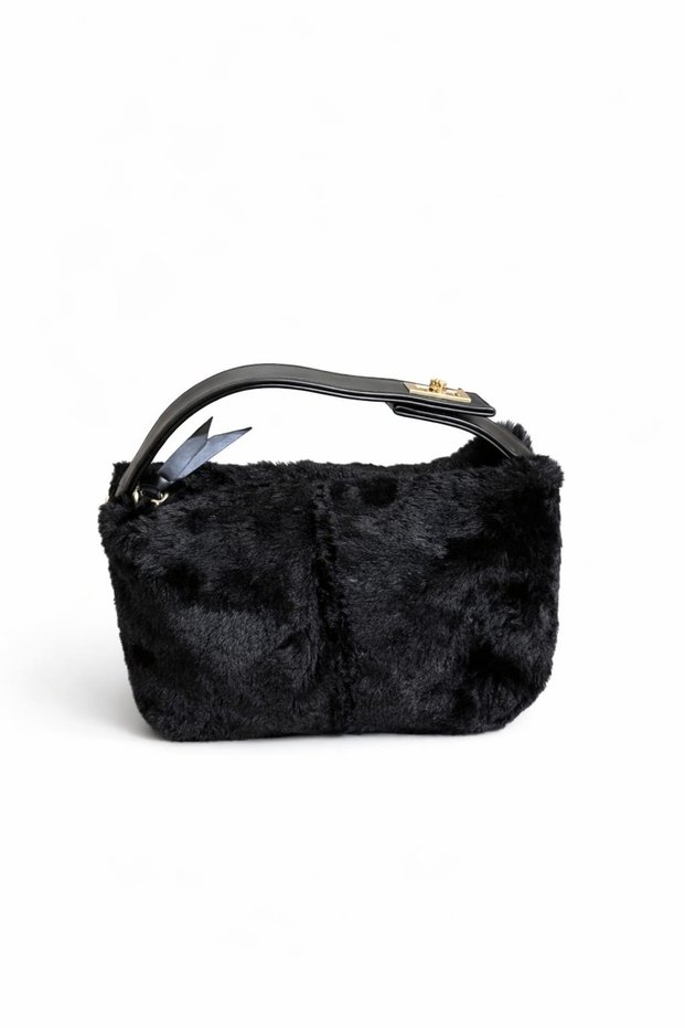 Women's Black Plush Teddy Hand and Crossbody Bag