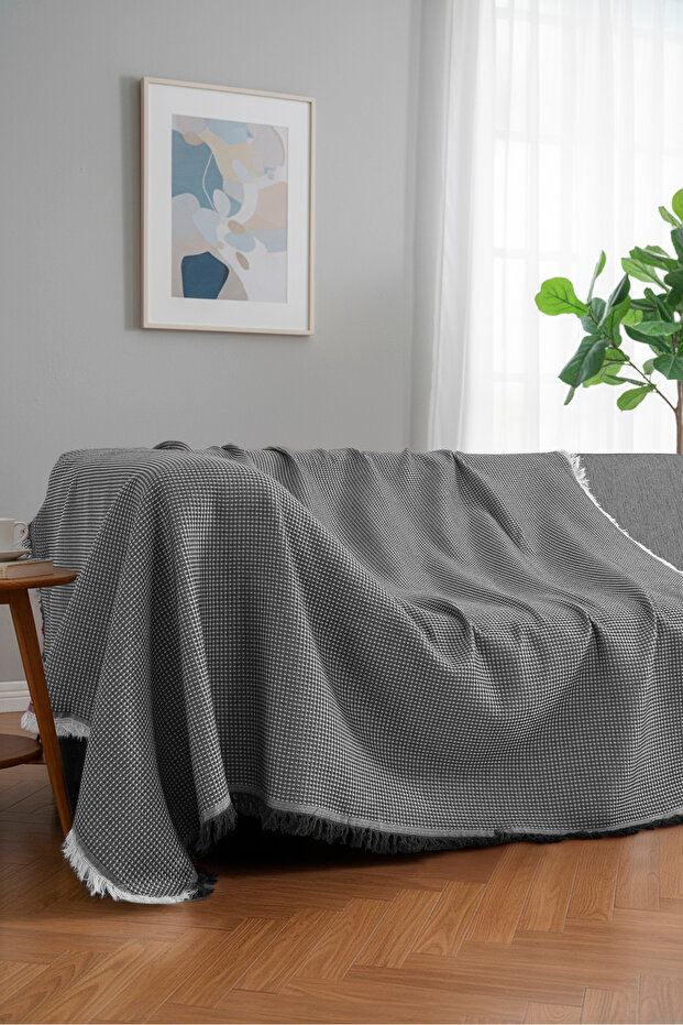 Cotton Textured Sofa Throw 170X220 cm – Fringed Tv Blanket & Decorative Sofa Cover