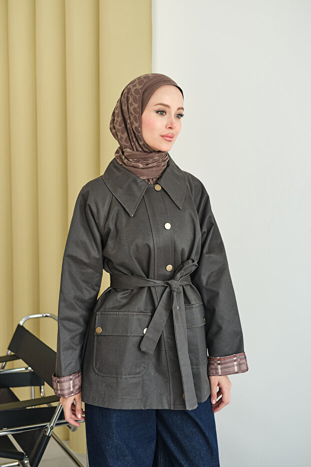 Women's Wrists Look Plaid Trench Coat Brown