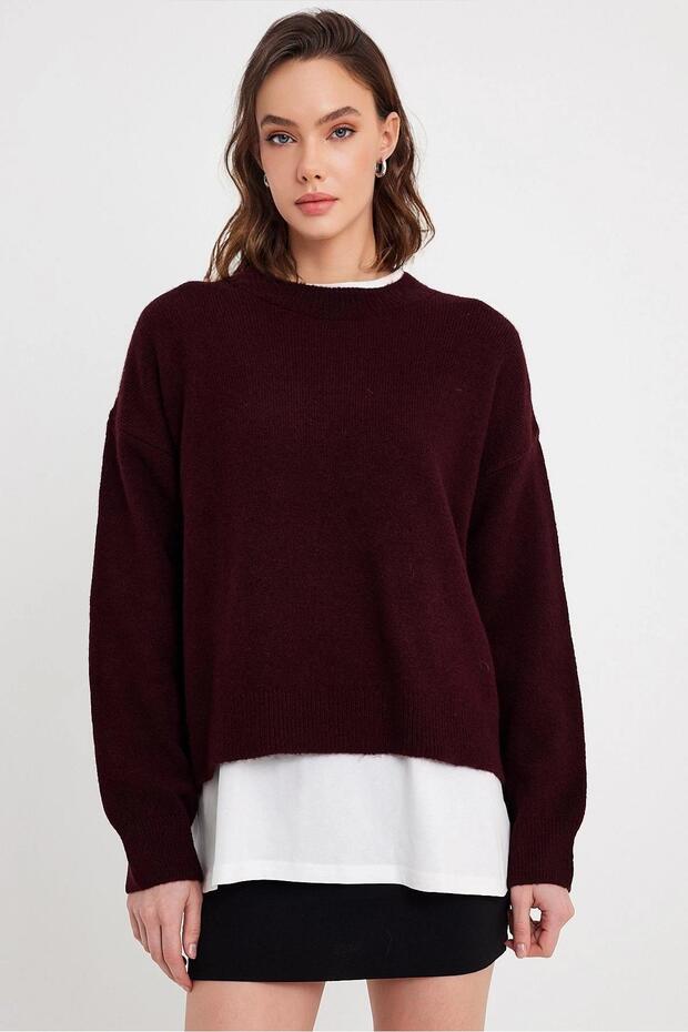 Bordo Bisiklet Yaka Basic Triko Kazak