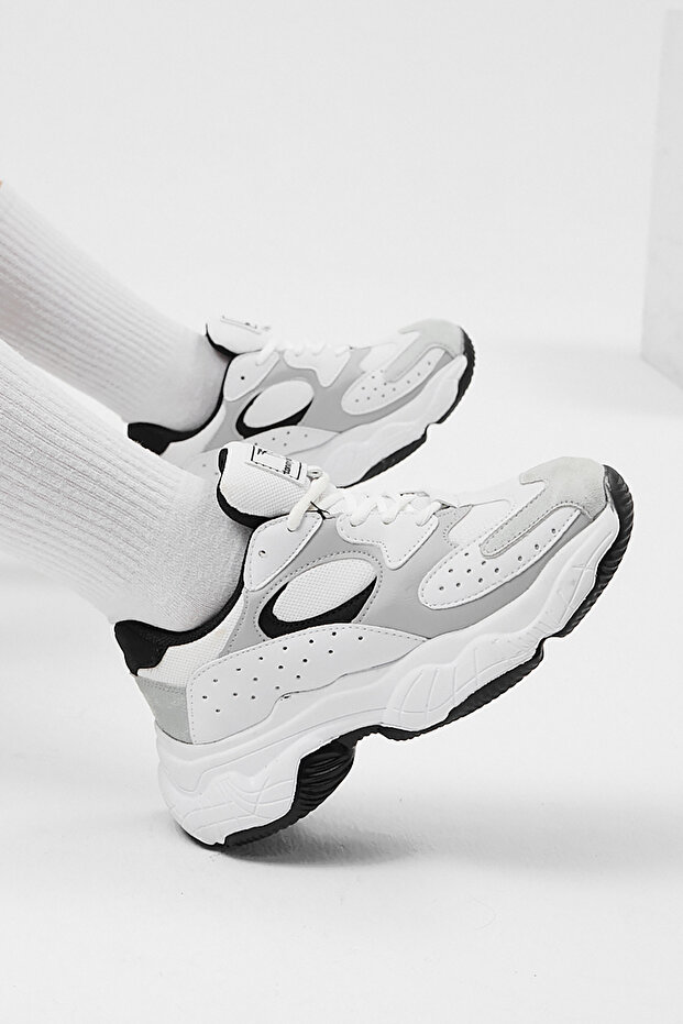 Women's White Gray Comfortable Fit High Sole Lace-Up Sneakers