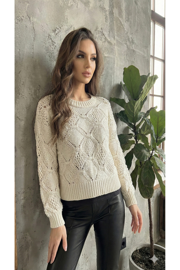 Women's Open Stitch Knit Model Long Sleeve Standard Size Lace-Like Knit Crop Knitwear Sweater 4828