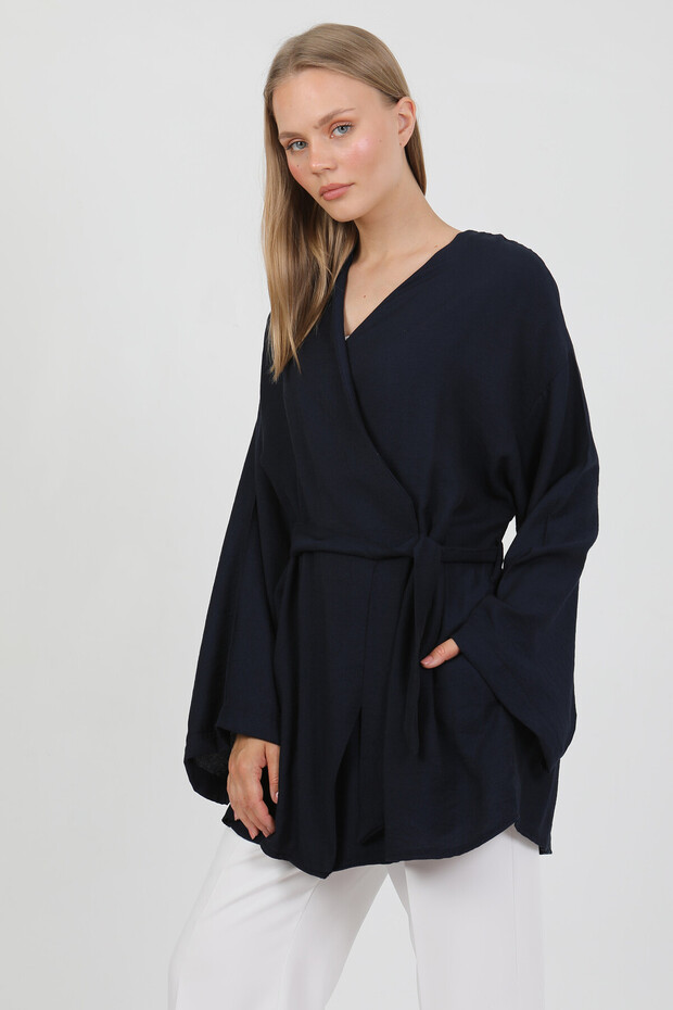 Natural Viscose Fabric Women's Kimono with Pockets and Belt 1168 – Collarless, Lightweight, Flowy, Summer Model