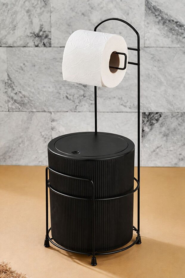 Wrought Iron Toilet Paper Holder with Stand and Trash Can, Metal Wc Holder, Black