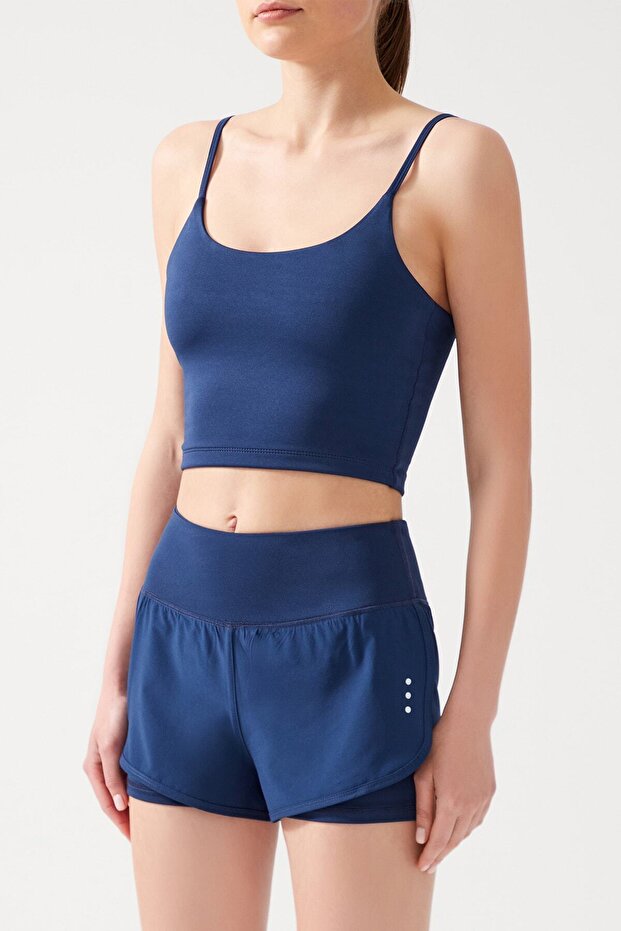 Spodenki sportowe damskie granatowe 2-warstwowe - Rajstopy ze spodenkami 2w1 - 1