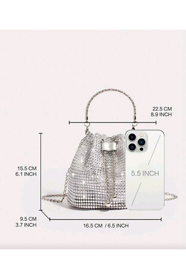 Crystal Stone Look Drawstring Silver Evening Bag - 3