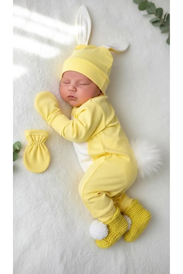 Yellow Booties, Rabbit Themed Pompom Hat, Gloves, Newborn Baby Hospital Release Jumpsuit Set - Yellow