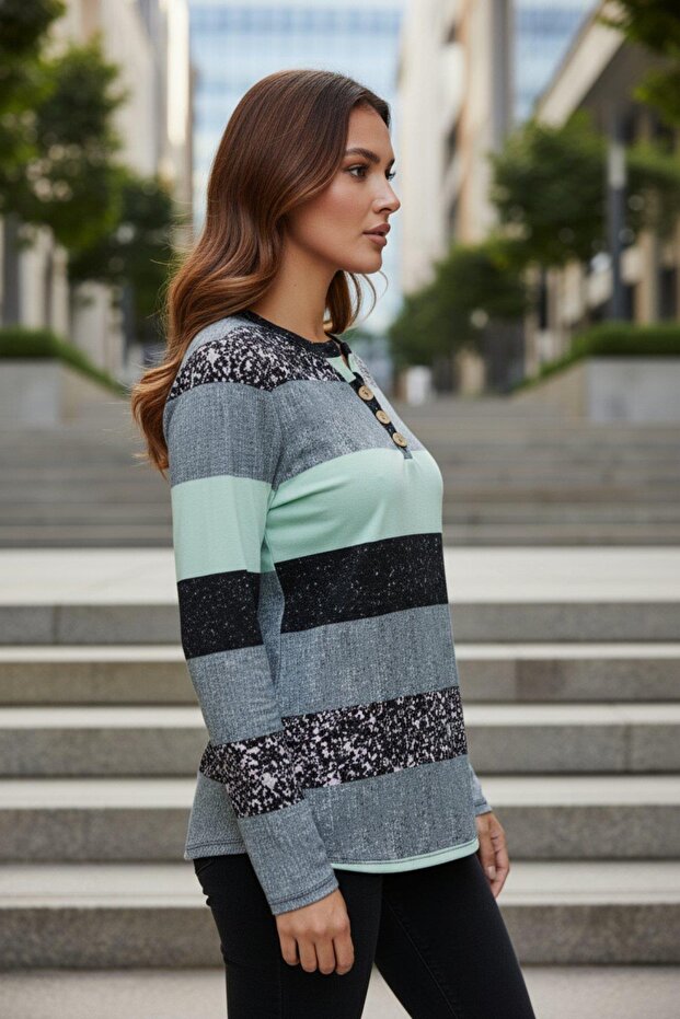 بلوزة سوبرم منقوشة بأزرار - أخضر - 3