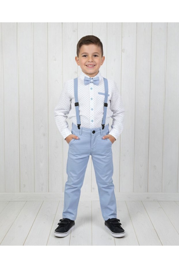 Boy's Bow Tie Trousers Strappy Shirt and Linen Trousers Bottom and Top Set